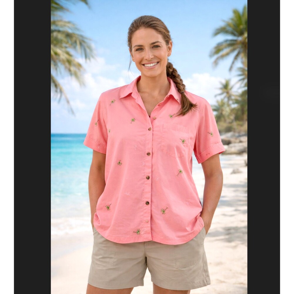 Columbia Short Sleeve Shirt Women XL Pink Flamingo Palm Camp UPF Button Tropical